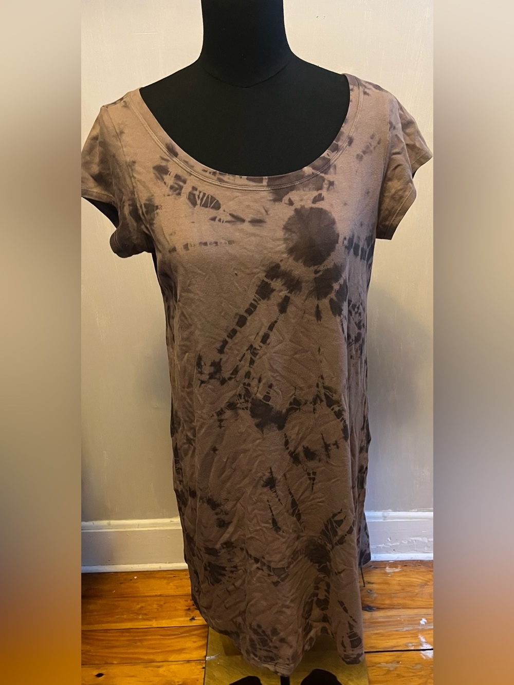 Eileen Fisher Petite Tee Shirt Shift  Dress Spiral Tie Dye Pattern Size PM